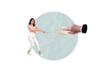 Composite photo collage of happy girl pull wire cable mouse device hand dependence technology click isolated on painted background