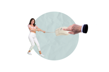 Composite photo collage of happy girl pull wire cable mouse device hand dependence technology click isolated on painted background