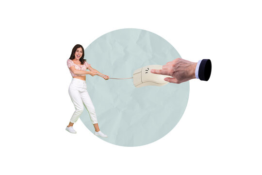 Composite photo collage of happy girl pull wire cable mouse device hand dependence technology click isolated on painted background