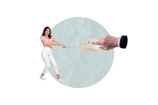 Composite photo collage of happy girl pull wire cable mouse device hand dependence technology click isolated on painted background