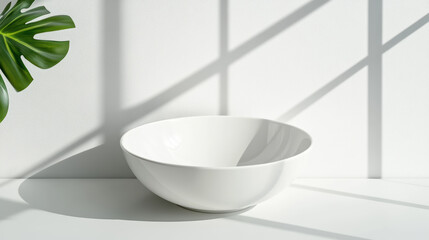 Fototapeta premium White bowl with sunlight reflection creates serene atmosphere, complemented by green leaf