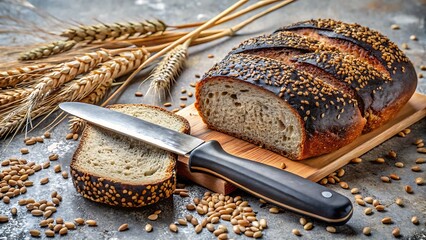 A sliced loaf of dark bread with seeds and a knife on a wooden board, surrounded by wheat stalks and scattered grains, showcasing the texture and freshness of the bread