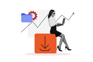 Contemporary poster trend art collage of serious freelancer businesswoman sit download interface folder arrow development type laptop