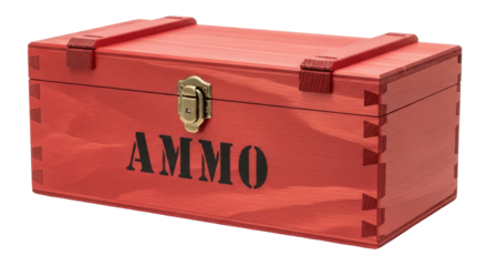 Red wooden container marked "AMMO", with hinges and latch
