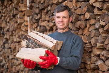 A man in gloves holding an armload of chopped firewood. Middle-aged man in sweater and protective gloves holding an armful of split firewood, preparing to keep his family warm for the winter