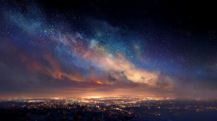 Fototapeta premium A celestial view of stars over a cityscape, creating a beautiful contrast between the earthly and the cosmic. The image is awe-inspiring and evokes a sense of wonder. 