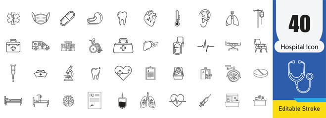Fototapeta premium Collection of simple hand drawn hospital icons representing various concepts and objects