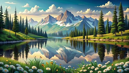 A serene mountain landscape with a pristine lake reflecting the snowcapped peaks, surrounded by lush green forests and vibrant wildflowers under a clear blue sky