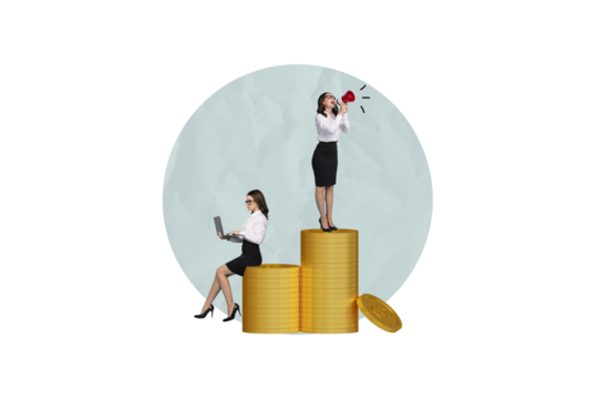 Creative artwork template sketch image 3D collage of business young businesswoman team lady stand pile money coins loudpeaker laptop job