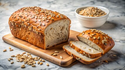 A rustic loaf of sunflower seed bread, sliced and presented on a wooden board, accompanied by a bowl of seeds, capturing the essence of homemade goodness