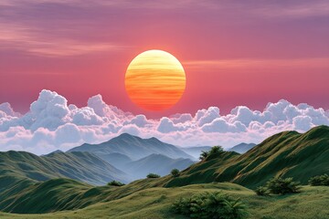 Fototapeta premium Sun peeking through clouds over misty hills