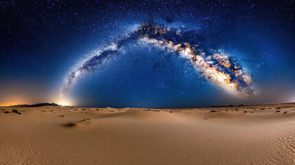 Wide view of galaxy arc over desert evokes emotional wonder and awe