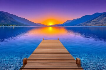 Wooden pier stretching into lake under sunrise glow