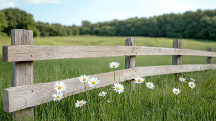 Wildflowers beside rustic fence create serene rural scene, evoking tranquility and nature beauty