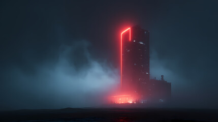 A captivating skyscraper bathed in an eerie crimson glow, enveloped by a mysterious fog