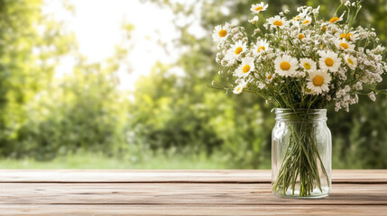 Fresh wildflower bouquet in glass vase, bright sunlight, and natural setting evoke joy