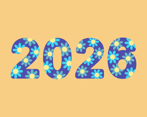 2026 number with blue and yellow flower pattern on light orange background, colorful floral design with cheerful and bright style