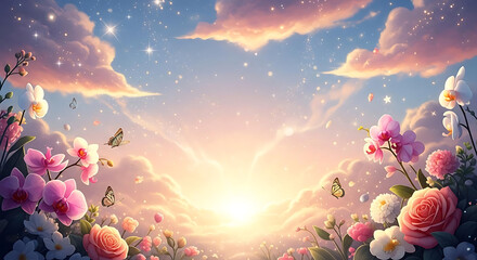 A dreamy landscape with flowers, butterflies, clouds, and a bright sky at sunset or sunrise ai generated