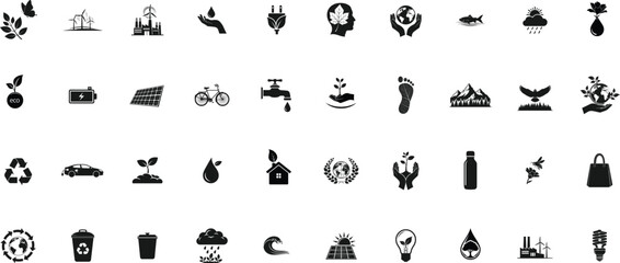 Ecology silhouette icon set. solar panel, green environment, renewable energy design, sustainability eco icon, leaf eco symbol, green technology vector, eco friendly editable icons.