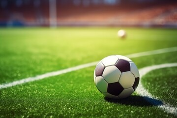 Fototapeta premium Classic soccer ball positioned on a vibrant green field inside a stadium, bathed in the warm glow of sunset