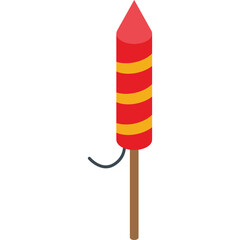 Red and Yellow Striped Firework Rocket on Brown Stick with Black String on White Background