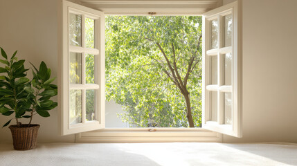 Fototapeta premium Fresh greenery visible through open window creates peaceful home atmosphere