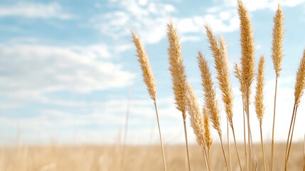 Fototapeta premium Golden grass swaying gently under bright blue sky, creating serene and peaceful atmosphere