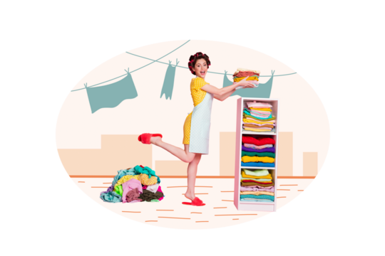 Creative collage picture young cheerful lady housekeeper laundry hanging clothers furniture apartment duty drawing background