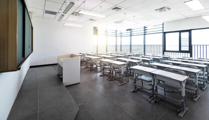 Modern classroom with desks and chairs