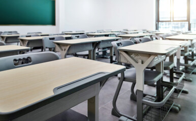 Modern classroom with desks and chairs