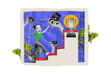 Composite photo collage of happy girl step promotion career ladder best worker gold cup champion winner prize isolated on painted background