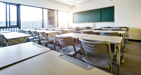 Modern classroom with desks and chairs