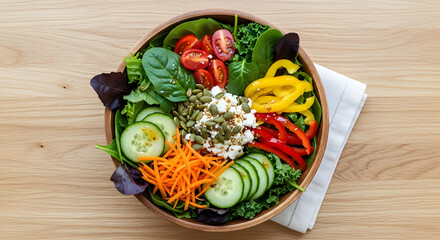 Healthy Rainbow Salad Delightful Fresh Ingredients in Wooden Bowl on Neutral Tabletop for Wellness