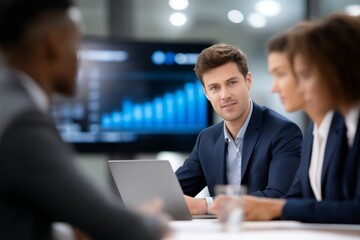 Team of financial analysts engaged in discussion about company's yearly results, analyzing data on laptop, with graphs and charts displayed in the background, showcasing collaborative work environment
