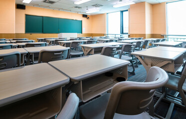 Modern classroom with desks and chairs