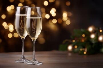 Two elegant champagne glasses clinking together in a festive atmosphere with soft bokeh lights creating a celebratory mood for special occasions and joyful gatherings