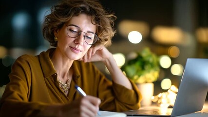 Smiling senior woman in eyeglasses attending online therapy session over laptop and taking notes in notepad at home, under gentle ambient light, showcasing focused expression and m