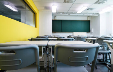 Modern classroom with desks and chairs