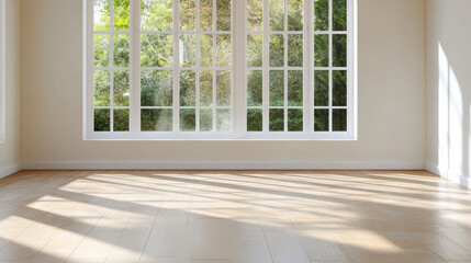 Obraz premium Bright window frame casting shadows on wooden floor, creating calm atmosphere