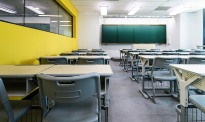 Modern classroom with desks and chairs