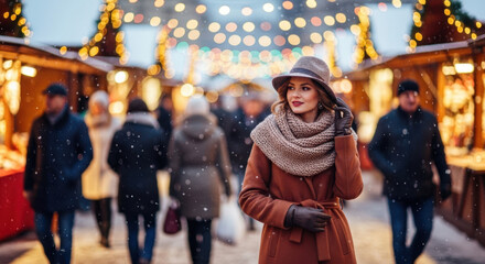 Obraz premium Woman walking through a festive street market with blurred lights and falling snow. Christmas season holiday celebration and winter atmosphere.