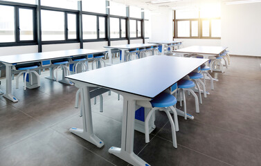 Modern classroom with long tables