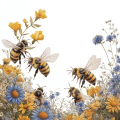 A swarm of bees are flying around to feed on nectar from colorful flowers on a white background.