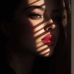 A beautiful woman's face illuminated by light