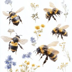 A swarm of bees are flying around to feed on nectar from colorful flowers on a white background.