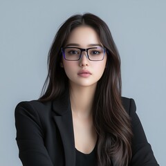 Beautiful Asian girl with black hair and glasses