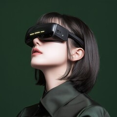 Beautiful Asian girl with short black hair wearing VR glasses