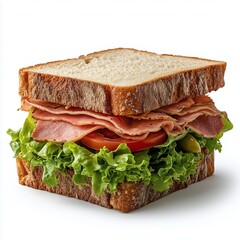 Ham and salad sandwich on white background