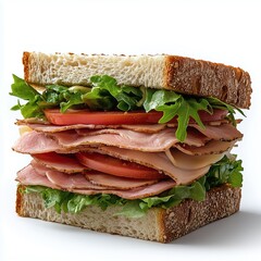 Ham and salad sandwich on white background