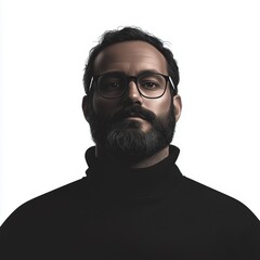 A handsome middle-aged man in black clothes looks trustworthy on a white background.